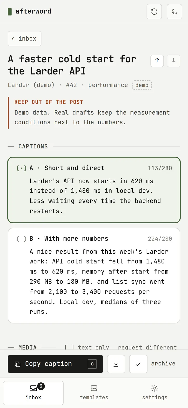 A draft open in Afterword on a phone: caption options and a Copy caption bar